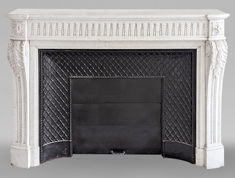 Large curved Louis XVI style fireplace with floral rudenture and acanthus leaf in Carrara marble-0