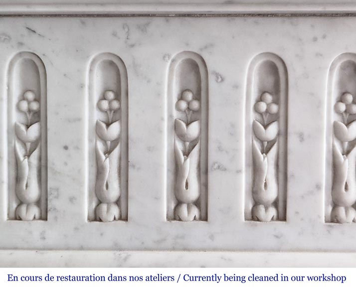 Large curved Louis XVI style fireplace with floral rudenture and acanthus leaf in Carrara marble-2