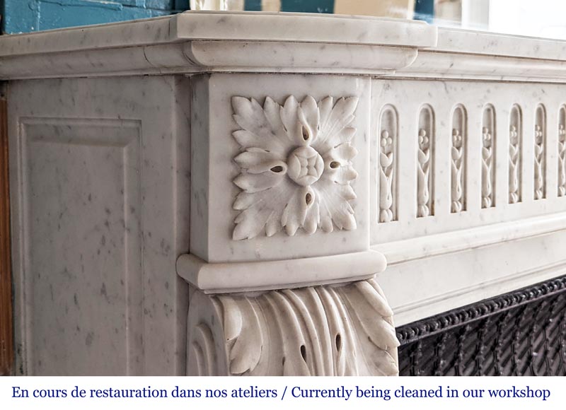 Large curved Louis XVI style fireplace with floral rudenture and acanthus leaf in Carrara marble-4