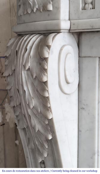 Large curved Louis XVI style fireplace with floral rudenture and acanthus leaf in Carrara marble-5