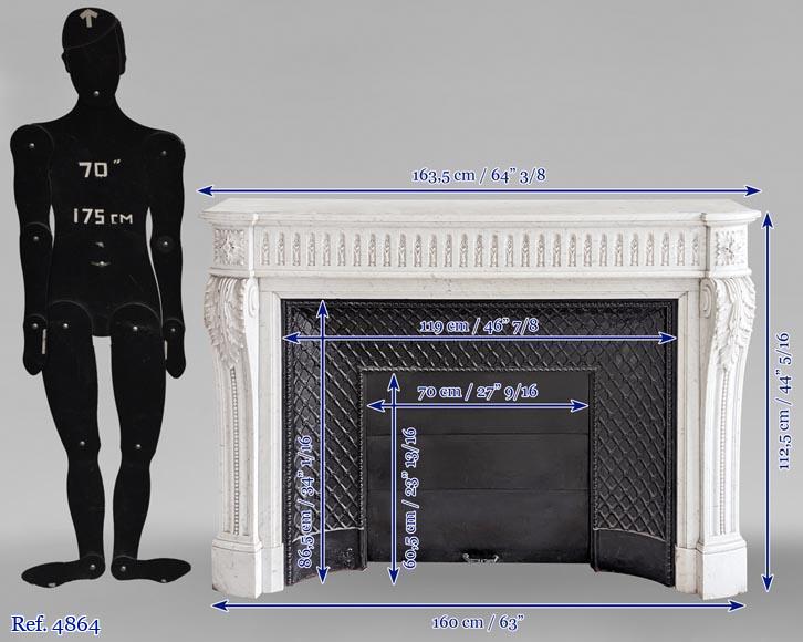 Large curved Louis XVI style fireplace with floral rudenture and acanthus leaf in Carrara marble-11