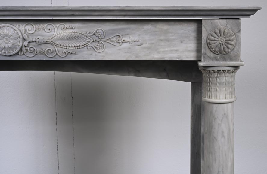 Restoration period mantel in light Turquin marble with detached columns and carved entablature-9