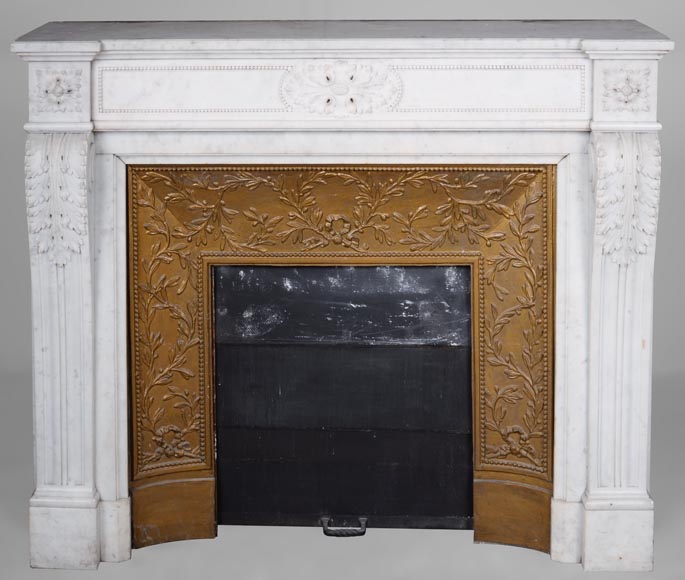 Louis XVI style fireplace with acanthus leaves carved in Carrara marble-0