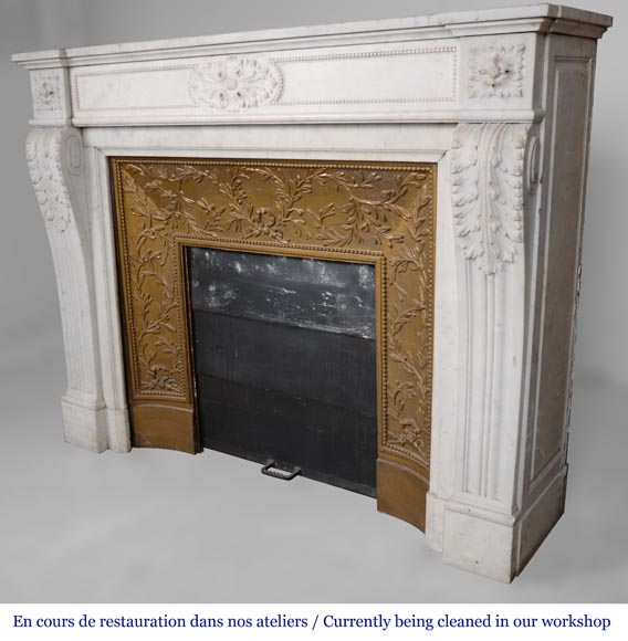 Louis XVI style fireplace with acanthus leaves carved in Carrara marble-7