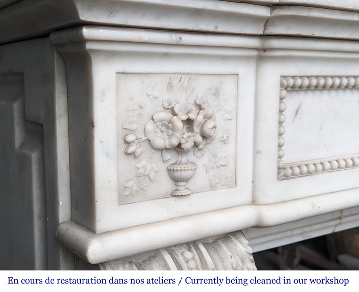 Beautiful Louis XVI style mantel with flowering vases in Carrara marble-5