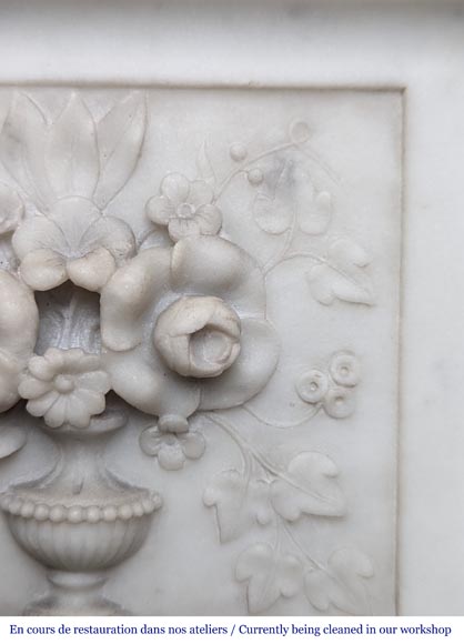 Beautiful Louis XVI style mantel with flowering vases in Carrara marble-11