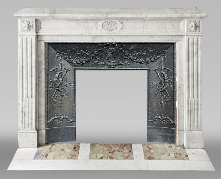 Louis XVI style mantel with carved rosette and fluted legs in Carrara marble-0