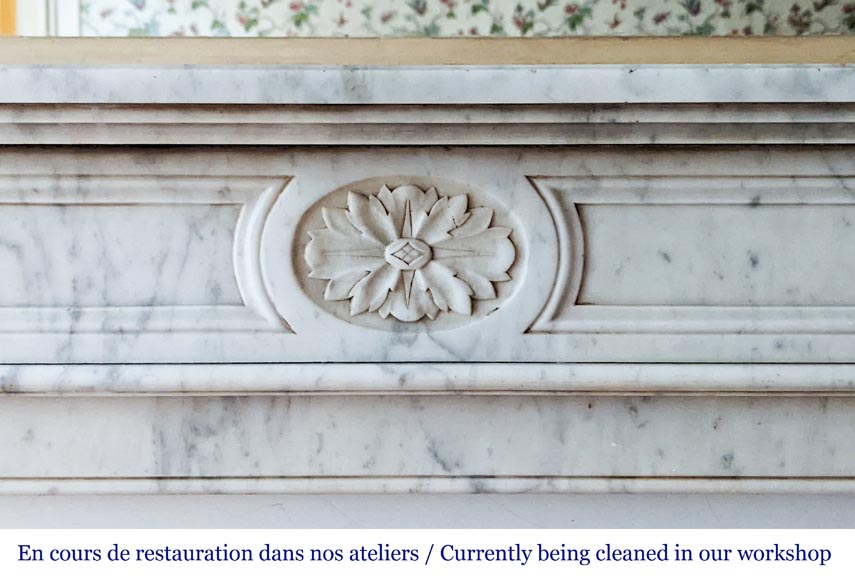 Louis XVI style mantel with carved rosette and fluted legs in Carrara marble-1