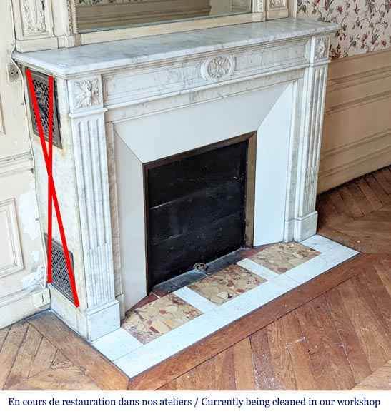 Louis XVI style mantel with carved rosette and fluted legs in Carrara marble-2