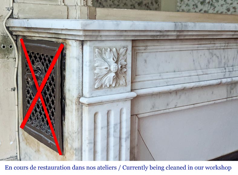 Louis XVI style mantel with carved rosette and fluted legs in Carrara marble-3