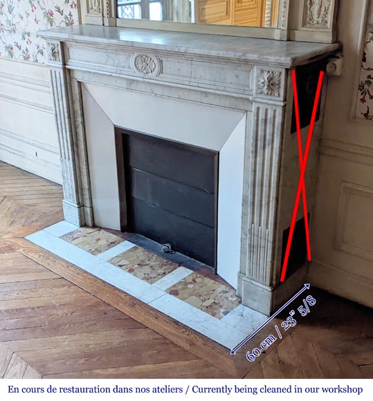 Louis XVI style mantel with carved rosette and fluted legs in Carrara marble-5