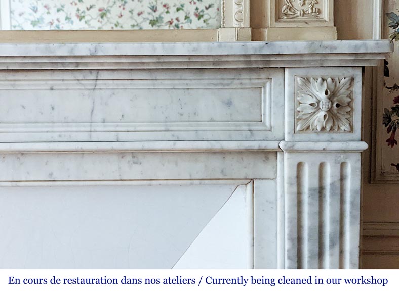 Louis XVI style mantel with carved rosette and fluted legs in Carrara marble-6