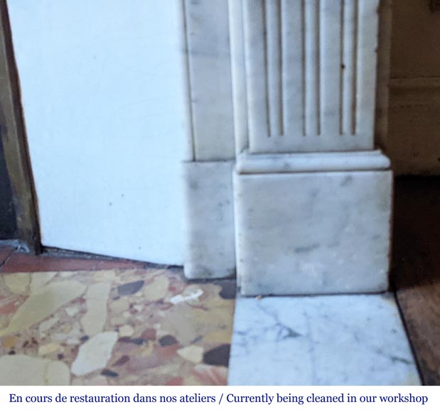 Louis XVI style mantel with carved rosette and fluted legs in Carrara marble-7