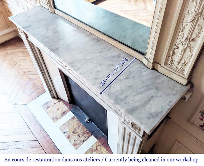 Louis XVI style mantel with carved rosette and fluted legs in Carrara marble-9