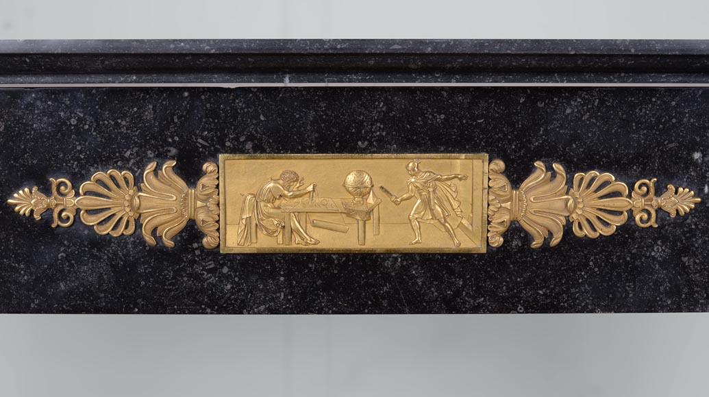 Empire period mantel in belgian petit granit with bronzes on the theme of the death of Archimedes-1