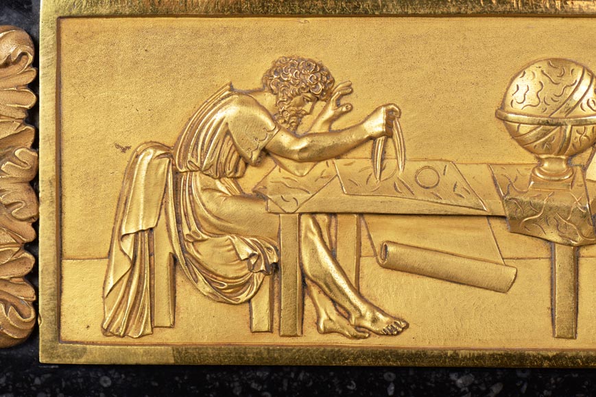 Empire period mantel in belgian petit granit with bronzes on the theme of the death of Archimedes-3