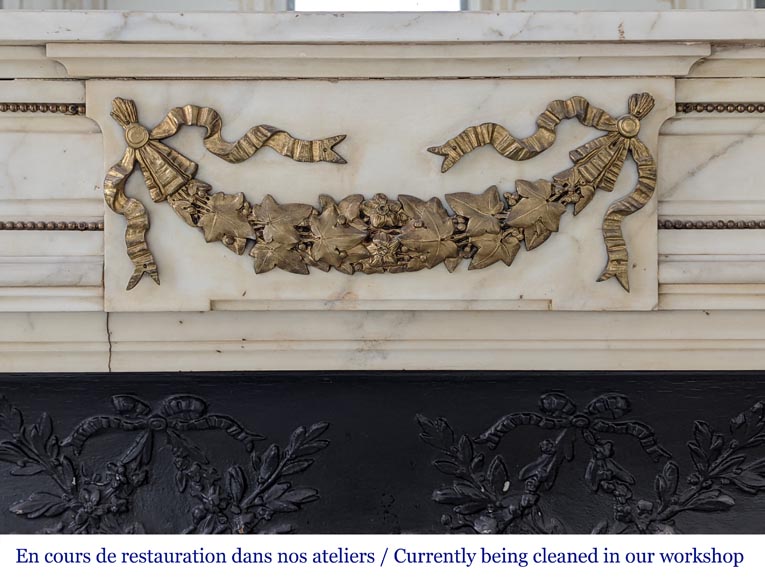 Louis XVI style mantel in semi-statuary Carrara marble with garland of flowers and vine leaves-1