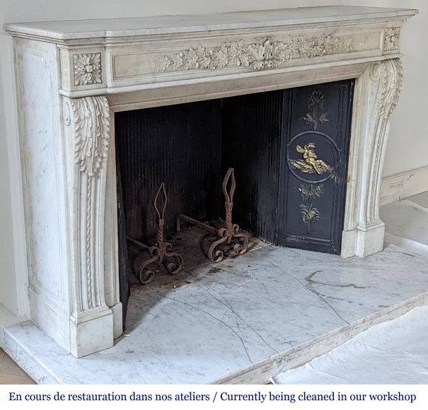 Beautiful Louis XVI style fireplace in Carrara marble with oak leaves-5