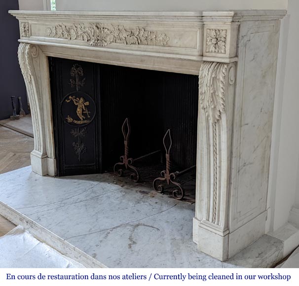 Beautiful Louis XVI style fireplace in Carrara marble with oak leaves-9