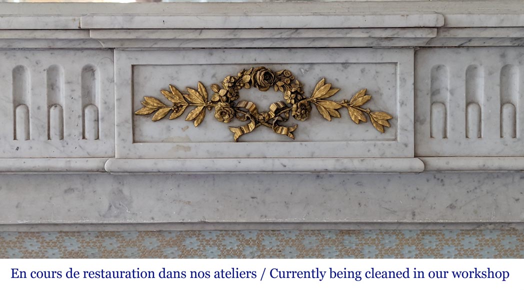 Carrara marble Louis XVI style mantel with crown of roses-1