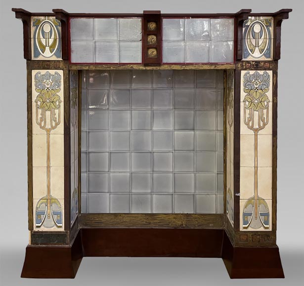 Art Deco ceramic and wood mantel-0