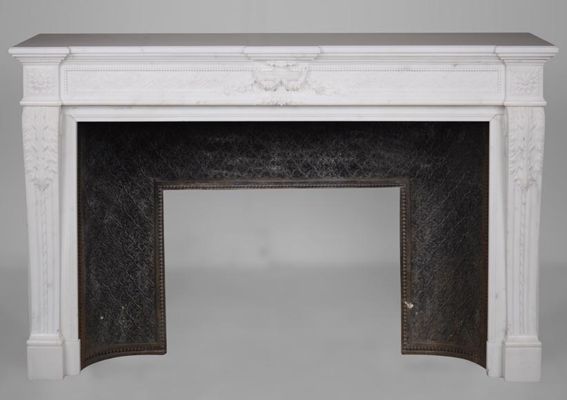 Large Louis XVI style mantel in semi-statuary marble with a vase decorated with garlands of flowers-0