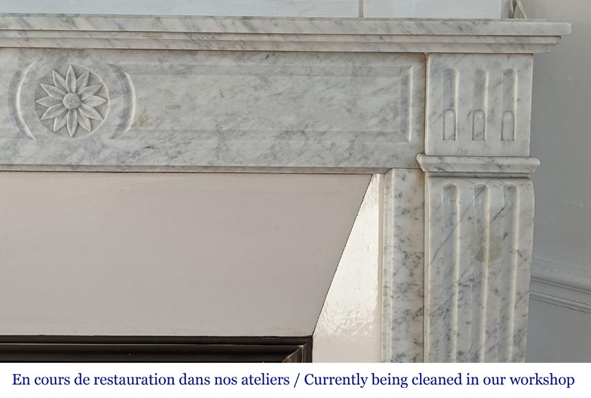 Small Louis XVI style Carrara marble mantel with flower-6