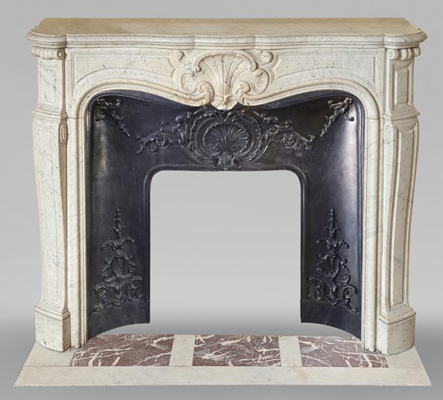 Carrara marble Louis XV style mantel with stylized shell-0