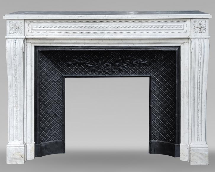 Beautiful Louis XVI style mantel with pearls and ribbon carved in Carrara marble-0