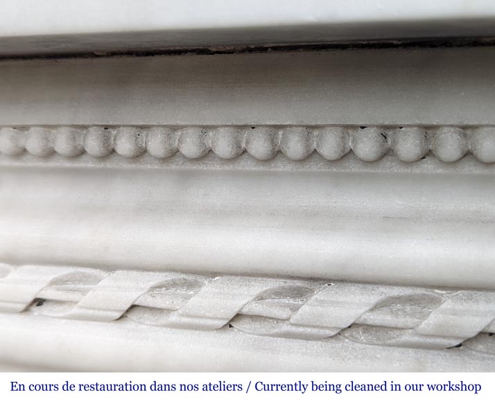 Beautiful Louis XVI style mantel with pearls and ribbon carved in Carrara marble-2