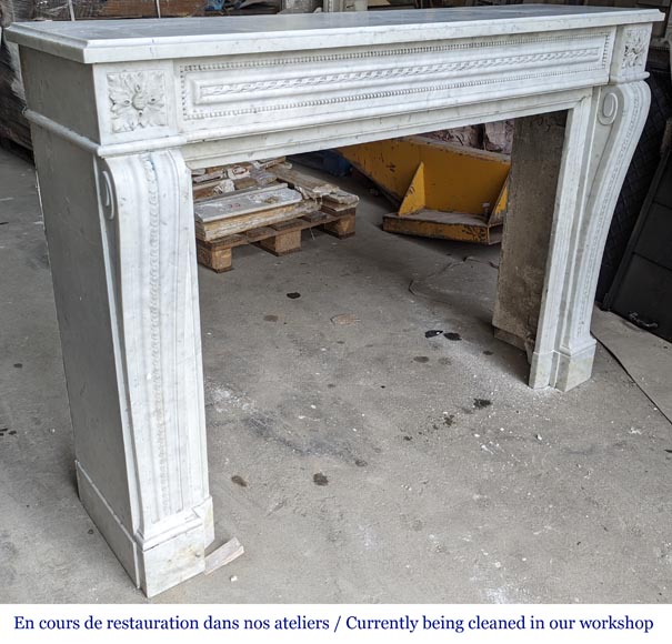 Beautiful Louis XVI style mantel with pearls and ribbon carved in Carrara marble-3