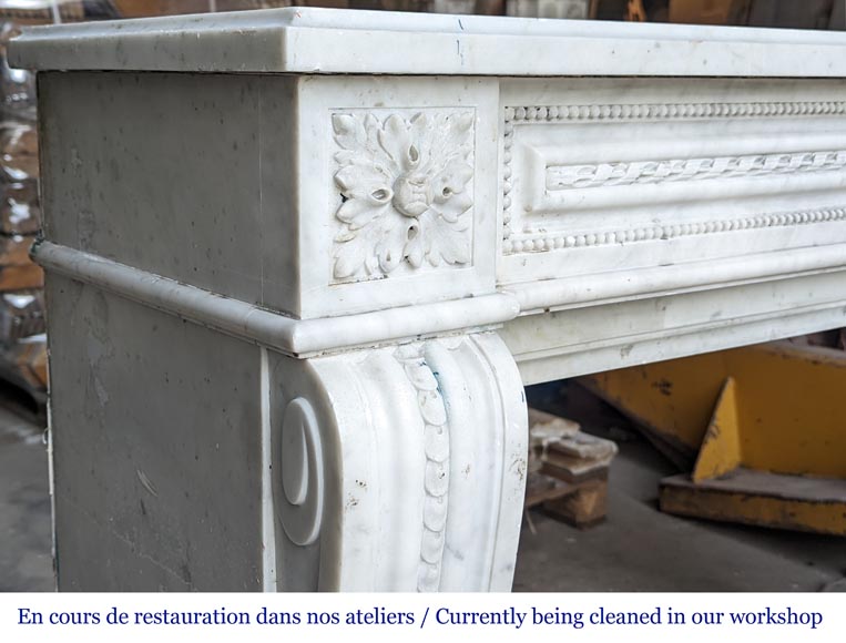Beautiful Louis XVI style mantel with pearls and ribbon carved in Carrara marble-4