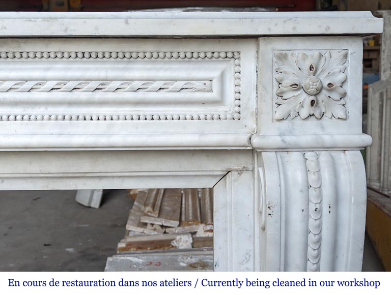 Beautiful Louis XVI style mantel with pearls and ribbon carved in Carrara marble-7