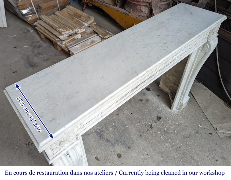 Beautiful Louis XVI style mantel with pearls and ribbon carved in Carrara marble-9