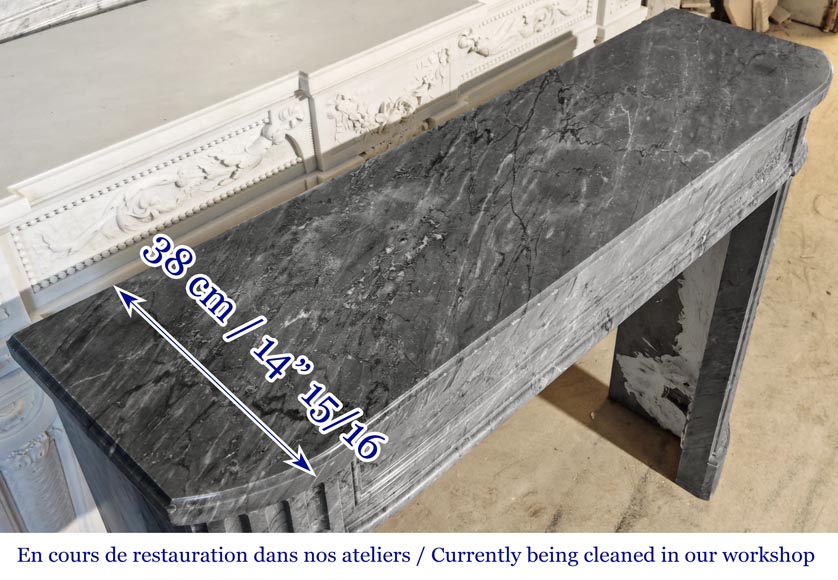 Louis XVI style Bleu Turquin marble fireplace with fluted legs Louis XVI style Bleu Turquin marble fireplace with fluted legs-8