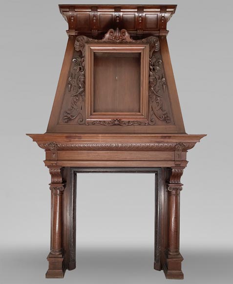 Large Neo-Renaissance walnut mantel with carved scrollwork-0