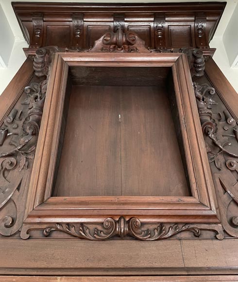 Large Neo-Renaissance walnut mantel with carved scrollwork-1