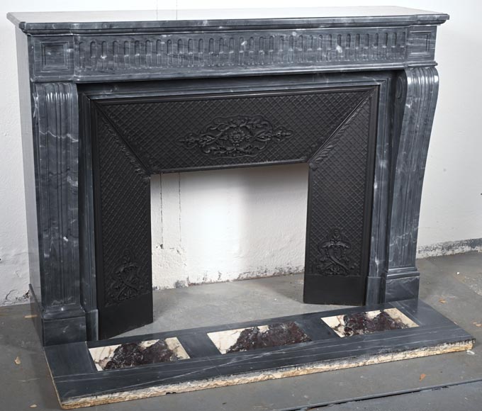 Louis XVI style fireplace with fluted entablature in dark Bleu Turquin marble-2