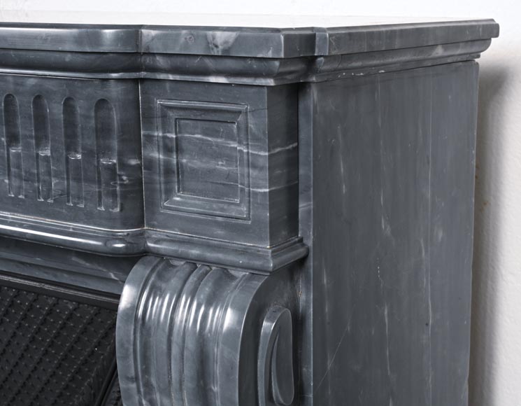 Louis XVI style fireplace with fluted entablature in dark Bleu Turquin marble-6