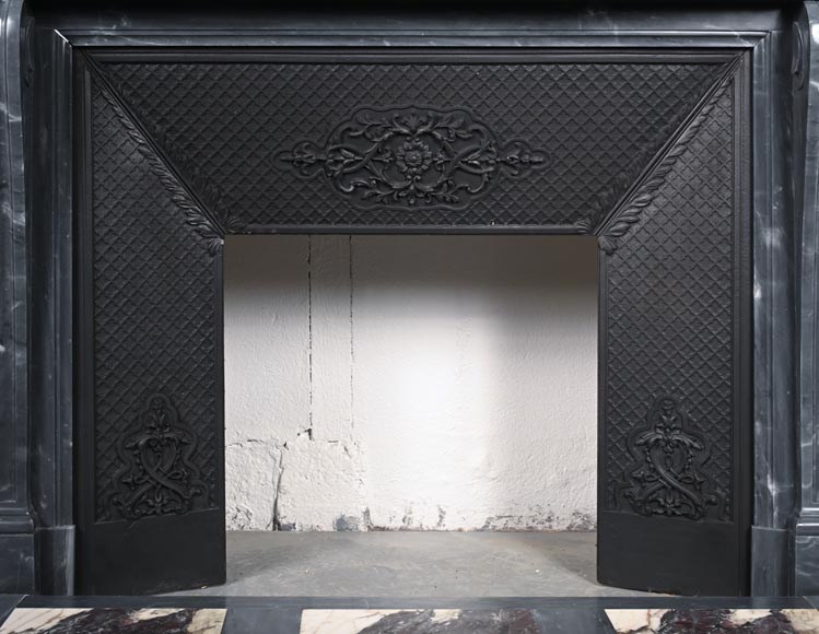 Louis XVI style fireplace with fluted entablature in dark Bleu Turquin marble-7