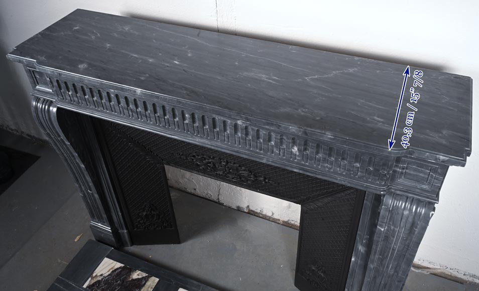 Louis XVI style fireplace with fluted entablature in dark Bleu Turquin marble-9