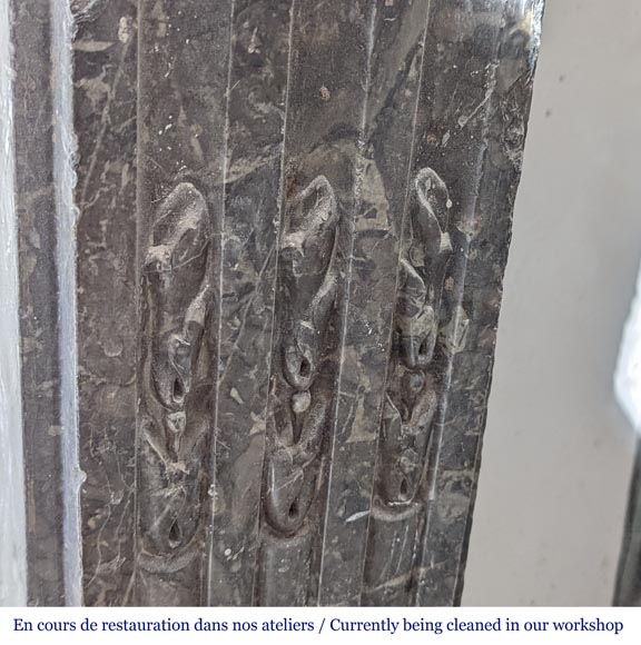 Grey Sainte Anne marble mantel with flowers and carved rosettes from the Louis XVI period Marble