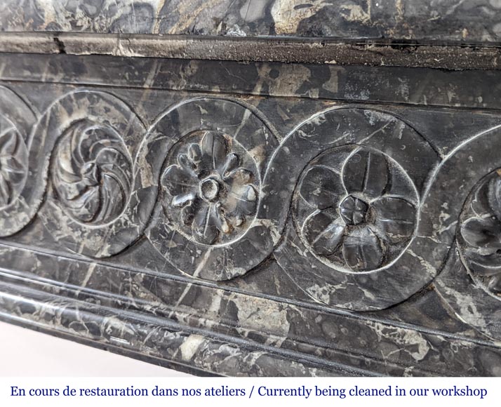 Grey Sainte Anne marble mantel with flowers and carved rosettes from the Louis XVI period-2