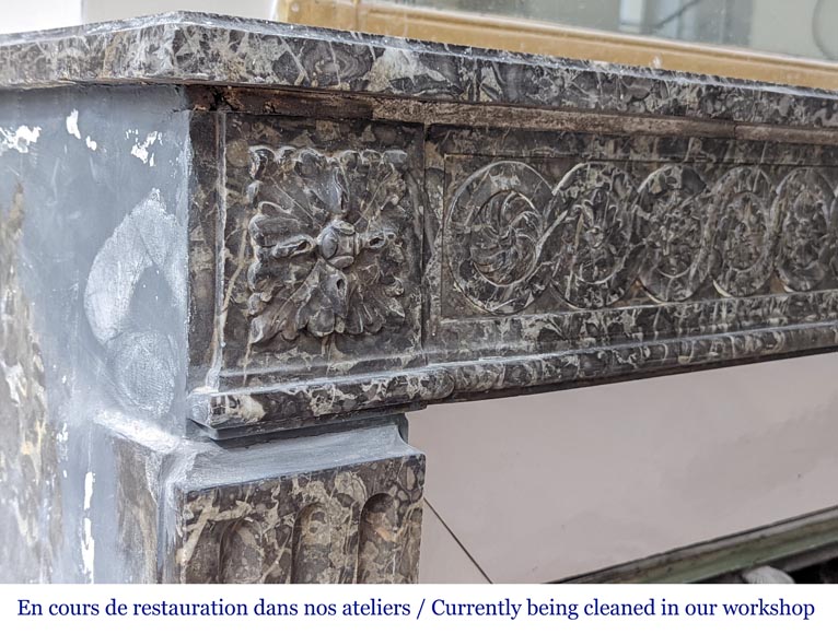 Grey Sainte Anne marble mantel with flowers and carved rosettes from the Louis XVI period-4