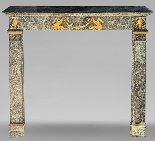 Empire style mantel decorated with bronzes, in Vert de Mer marble-0