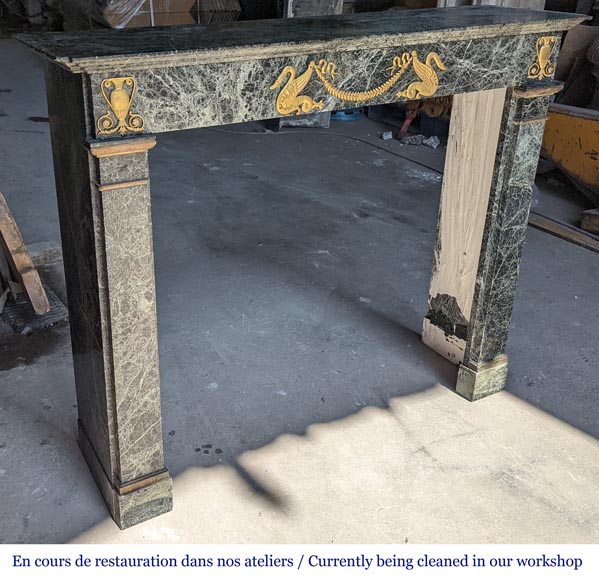 Empire style mantel decorated with bronzes, in Vert de Mer marble-2