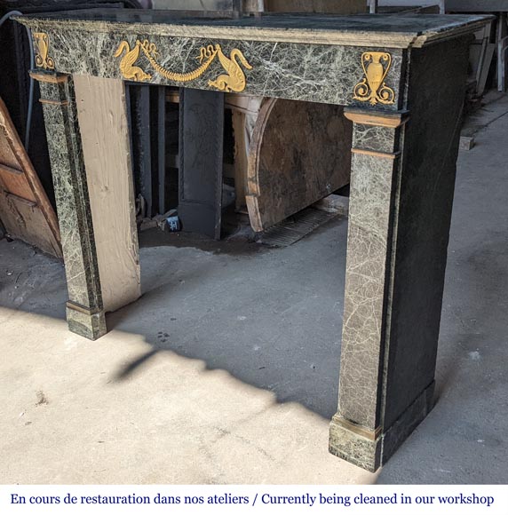 Empire style mantel decorated with bronzes, in Vert de Mer marble-6