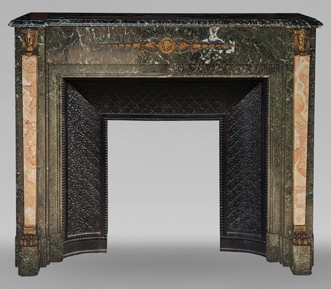 Empire style mantel in Vert de Mer marble with bronze Egyptian ornaments-0