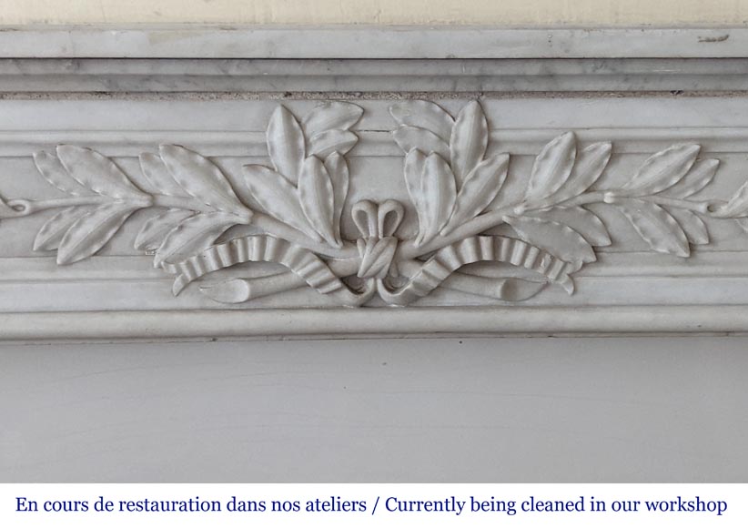 Louis XVI style mantel with laurel wreath carved in Carrara marble-1