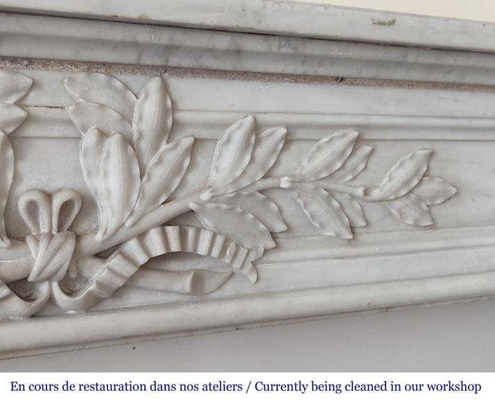 Louis XVI style mantel with laurel wreath carved in Carrara marble-3